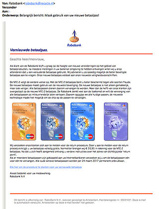 Opnieuw bankpas-phishing e-mail 'Rabobank' in omloop