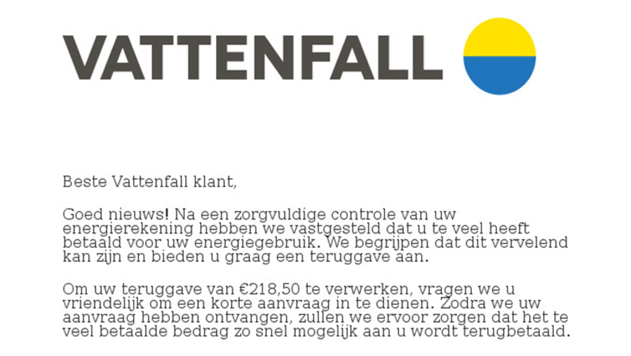 Valse mail Vattenfall | Bron: FraudeHelpdesk