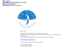 Mail van 'Air Miles' over verificatie account is nep