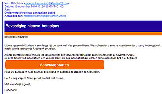 Valse e-mail 'Rabobank': bevestiging nieuwe betaalpas