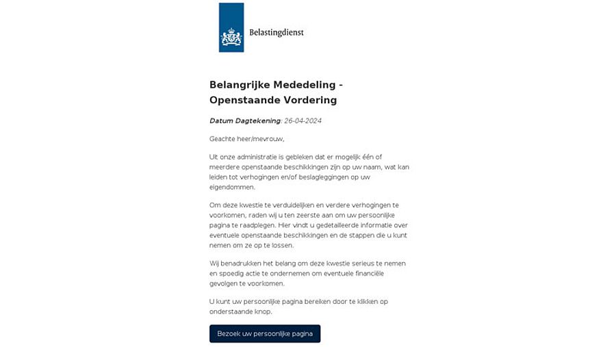 Valse mail Belastingdienst 1/2 | Bron: Fraudehelpdesk