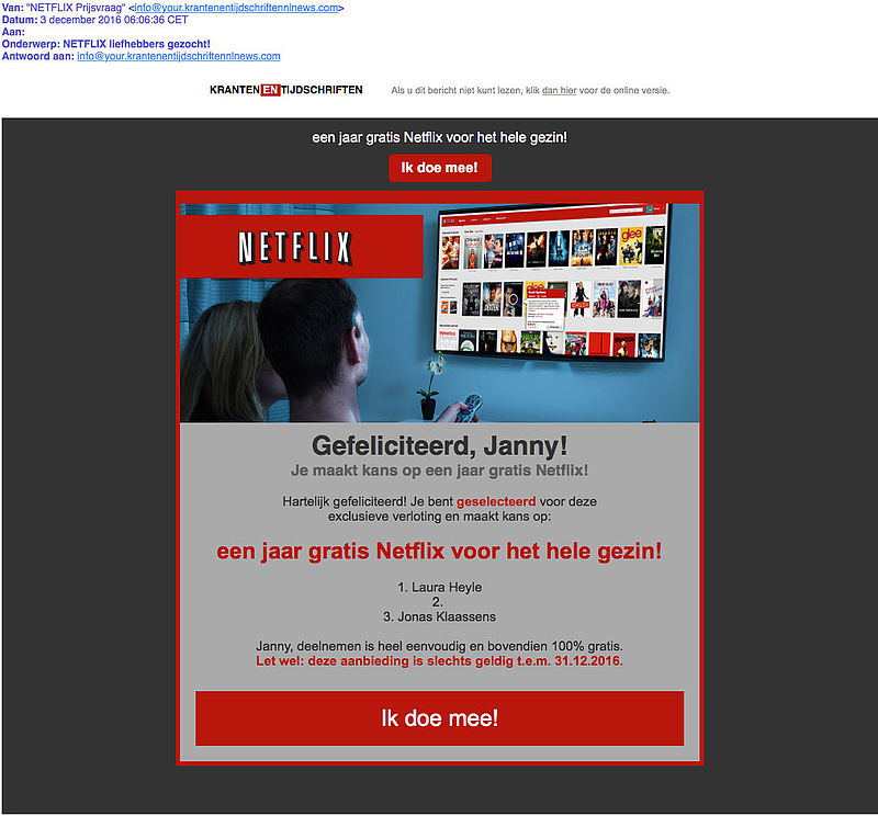 Misleidende winactie 'Netflix'