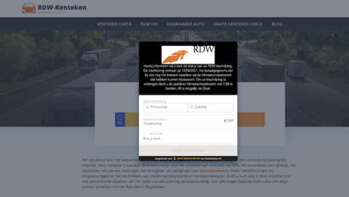 Landingspagina van de valse 'RDW'-website