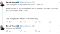 Tweet op het gehackte account van Barack Obama