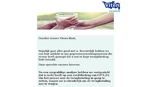 Valse mail Vitens 1/2 Bron: Fraudehelpdesk