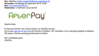 Mail van 'AfterPay' over een nieuw bericht is vals