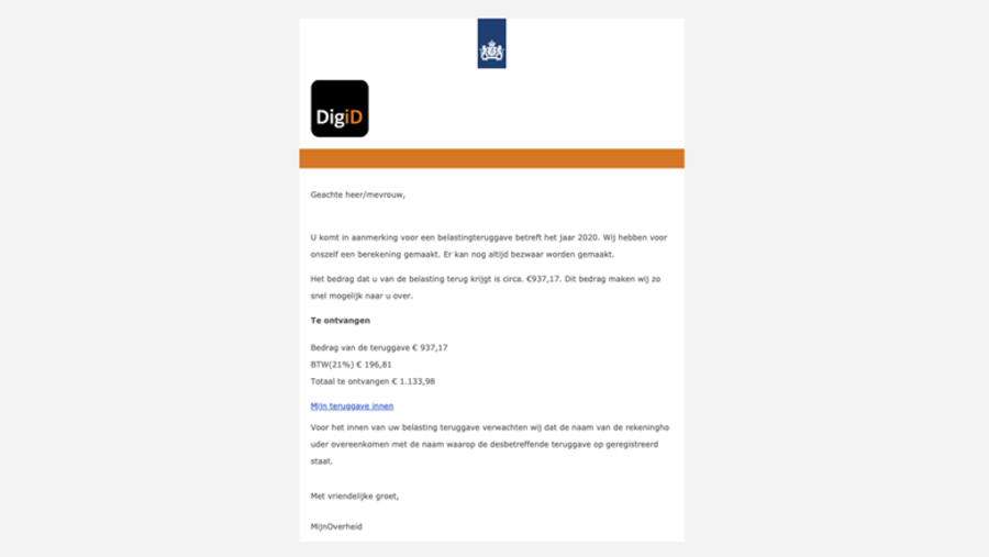 Valse mail van 'DigiD' over een belastingteruggave