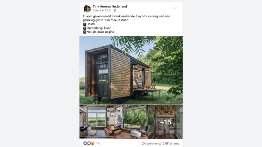 Valse winactie via de Facebookpagina 'Tiny Houses Nederland'
