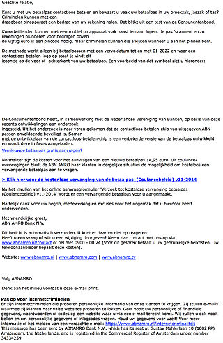 Pas op voor valse e-mail 'ABN AMRO' over contactloos betalen