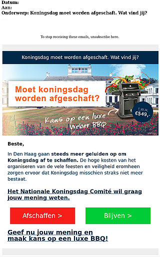Afzender 'enquête Koningsdag' wil je gegevens