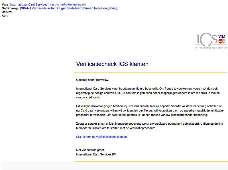 E-mail 'ICS' over verificatiecheck is phishing