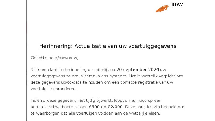 Valse mail namens de RDW | Bron: Fraudehelpdesk