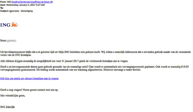 Mail 'ING' over blokkering account is nep