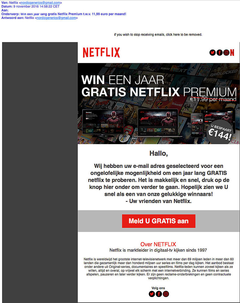 Valse winactie 'jaar lang gratis Netflix'