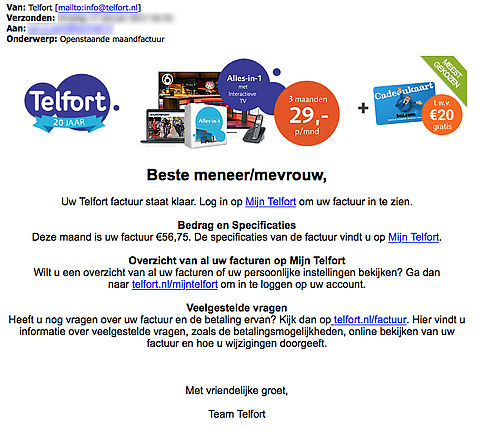 Pas op voor valse e-mails 'Telfort'