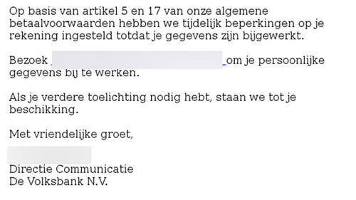 Valse mail De Volksbank | Bron: FraudeHelpdesk