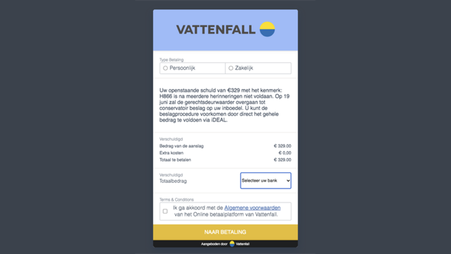 Betaalpaneel van 'Vattenfall'