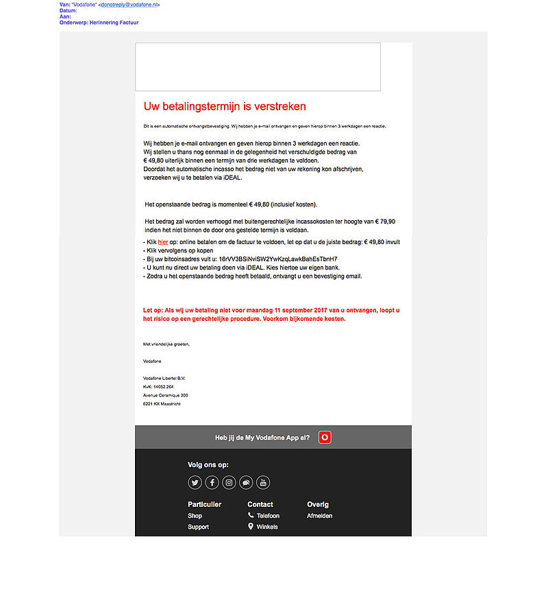 Pas op voor valse e-mail Vodafone: 'Uw betalingstermijn is verstreken'