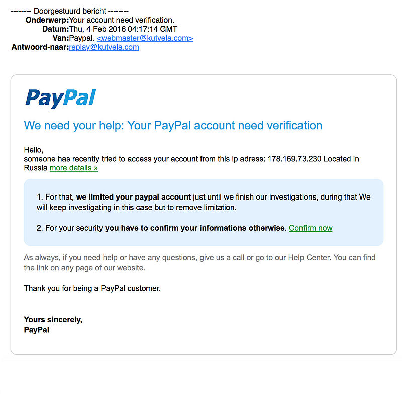 Pas op voor 'verificatiemail' PayPal 