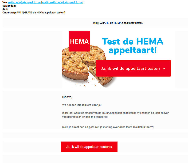 Misleiding in e-mail 'HEMA appeltaart testen'