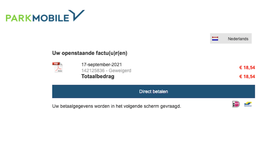 Landingspagina van de valse 'Parkmobile'-website