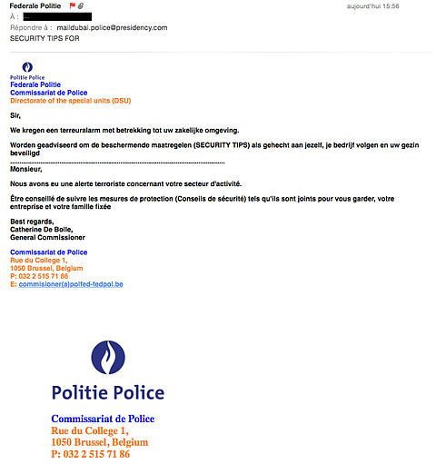 Politie België waarschuwt voor nepmail: 'terreuralarm'