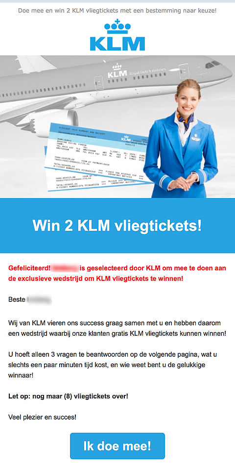 Laat je niet misleiden door winactie 'KLM'