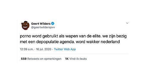 Tweet op het gehackte account van Geert Wilders