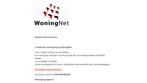 Actuele nepmail namens 'WoningNet'
