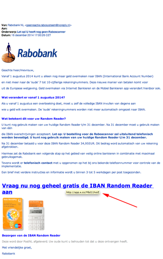 Valse e-mail Rabobank: 'gratis Random Reader'