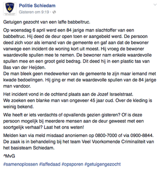 Oplichter met babbeltruc actief in Schiedam