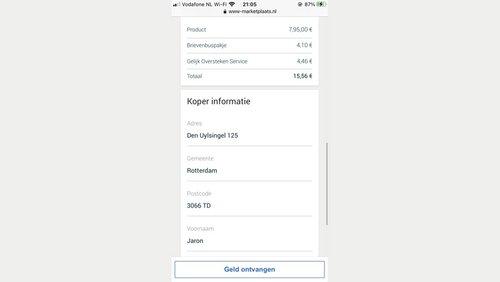 Verzonnen adresgegevens van de zogenaamde koper