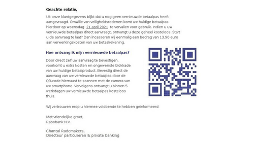 Recente nepmail namens de 'Rabobank' met een QR-code