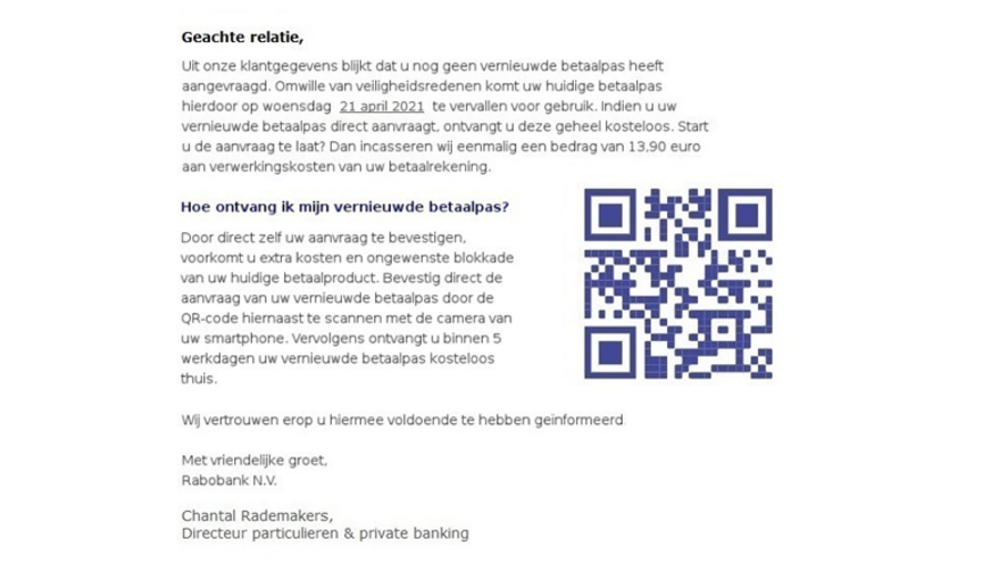 Recente nepmail namens de 'Rabobank' met een QR-code