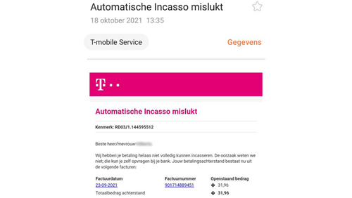 Valse mail van 'T-Mobile': 'Automatische incasso mislukt'