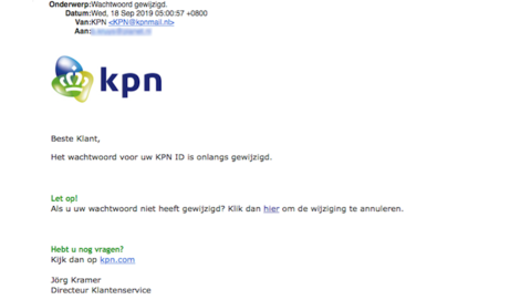 Mail van 'KPN' over gewijzigd wachtwoord is nep