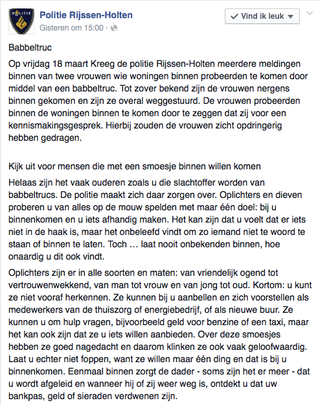 Politie Rijssen-Holten waarschuwt voor babbeltruc