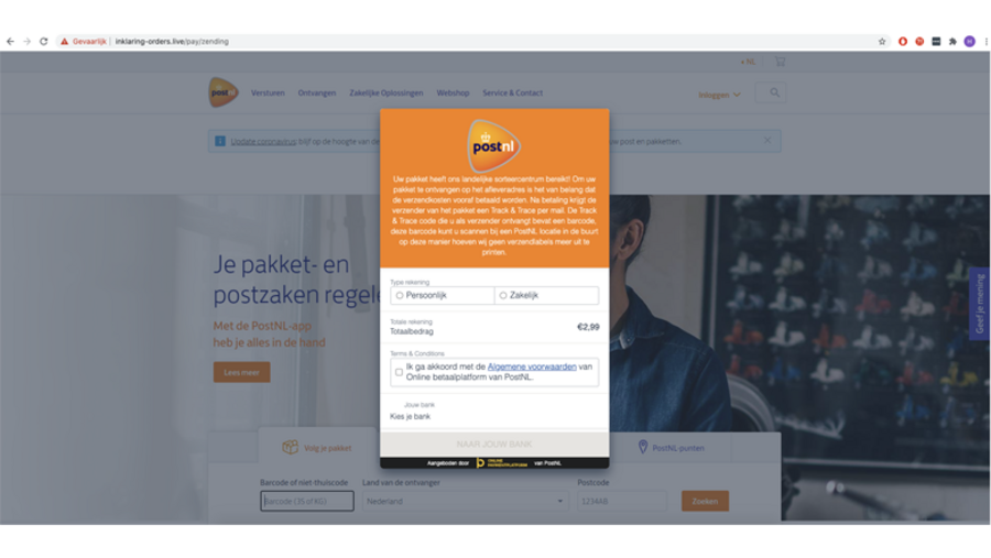 Landingspagina van de 'PostNL'-nepsite