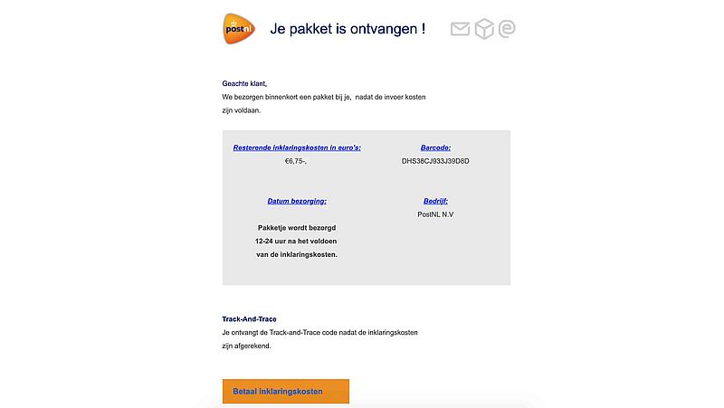 Screenshot van valse PostNL-mail.