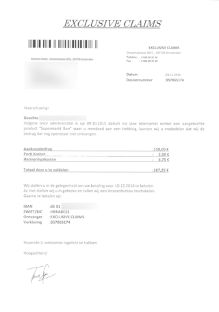 Betaal nota 'Exclusive Claims' niet