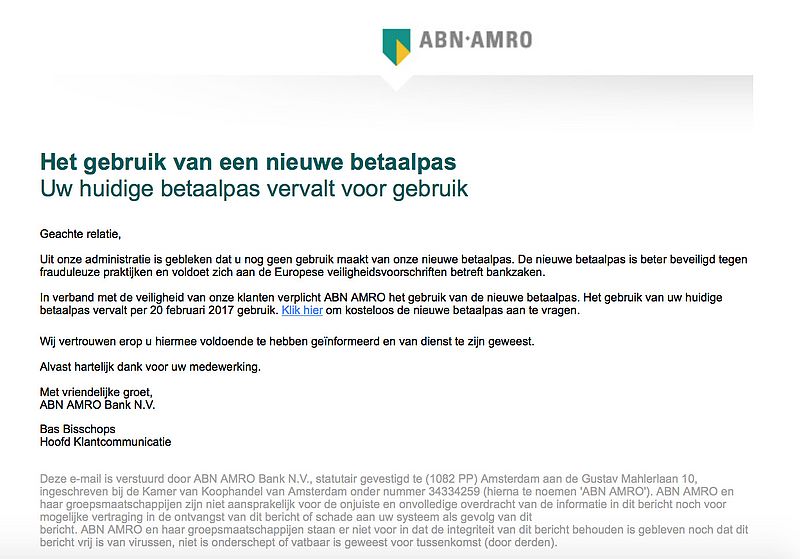 Pas Op Voor Phishingmail ‘ABN AMRO’ Over Nieuwe Betaalpas - Opgelicht ...