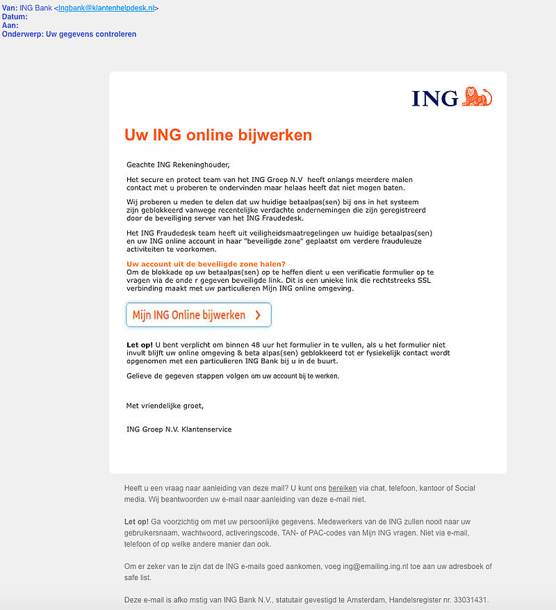 Pas op voor phishingmail 'ING' over online bijwerken