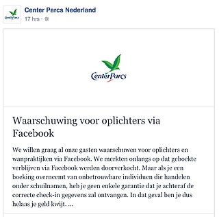Center Parcs waarschuwt voor oplichters