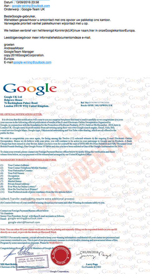 Nepmail met felicitatie uit naam van Google