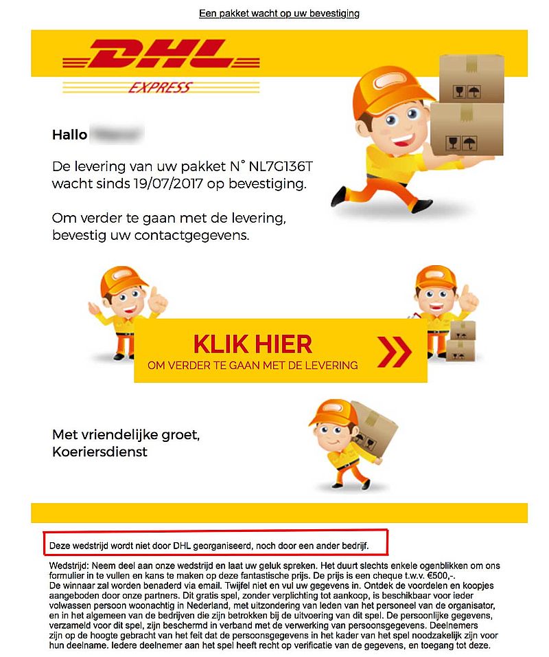 E-mail over levering pakket komt niet van DHL