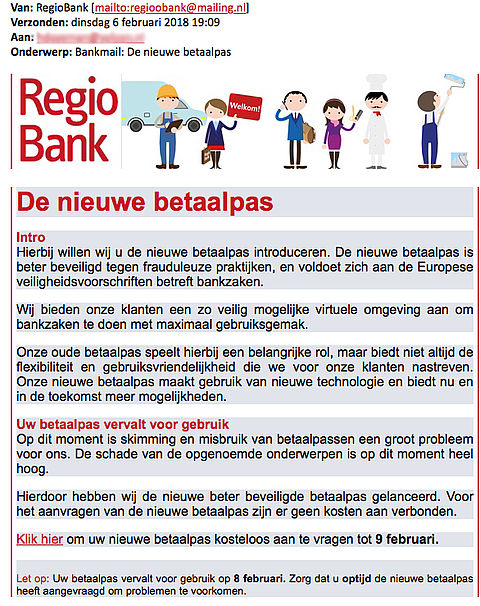 E-mail 'RegioBank' over nieuwe betaalpas blijkt phishing