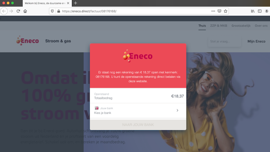 Nagemaakte website van 'Eneco'