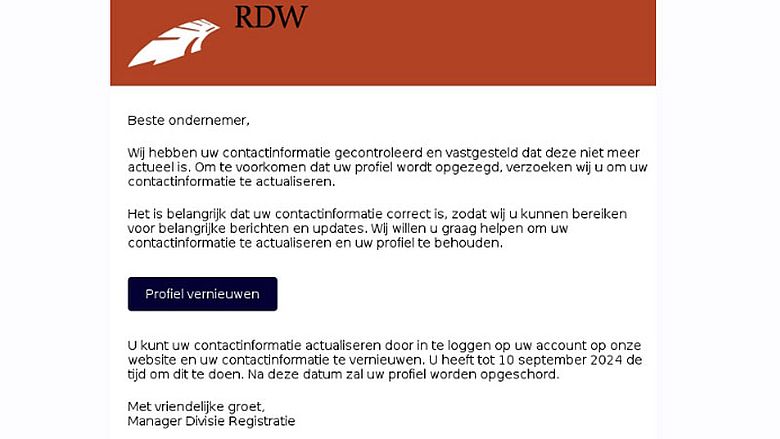 Phishingbericht namens RDW | Bron: Fraudehelpdesk