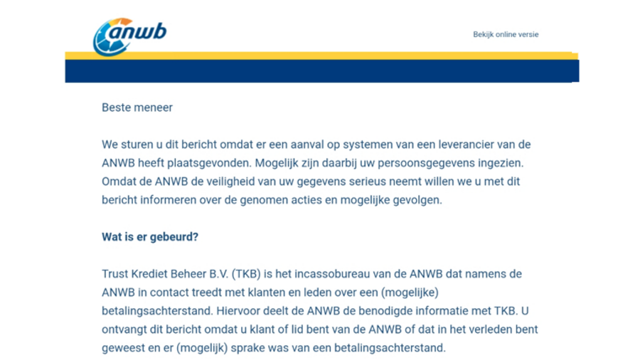 Mail ANWB over mogelijk datalek
