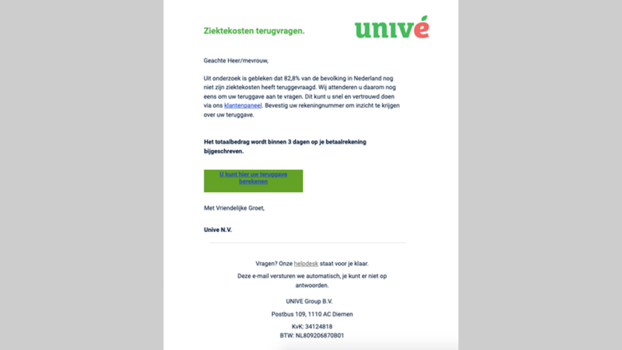 Valse mail van 'Univé': 'Ziektekosten terugvragen'